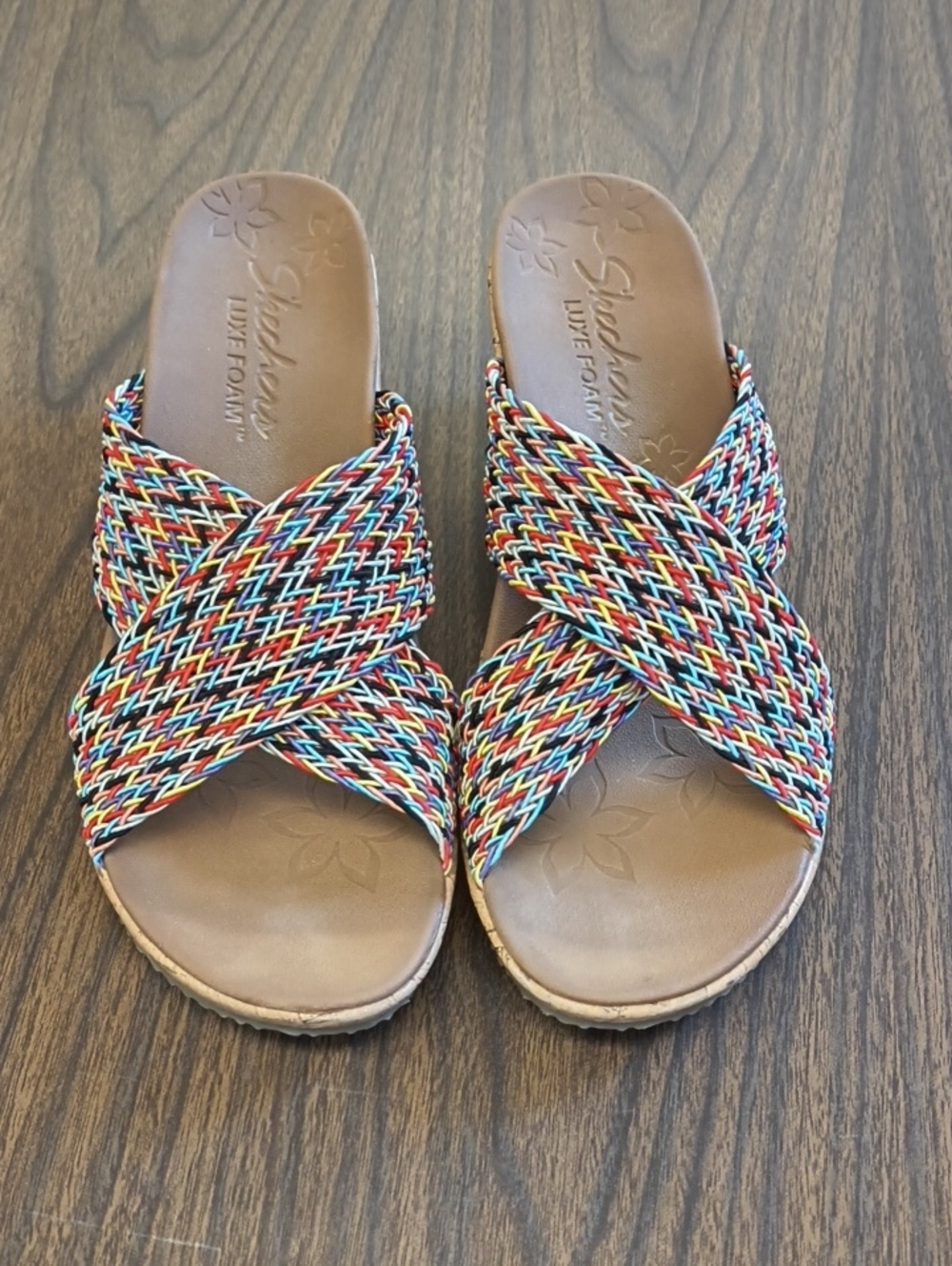 Skechers Multicolor Woven Crisscross Slide Sandals - Brown Footbed Size 9